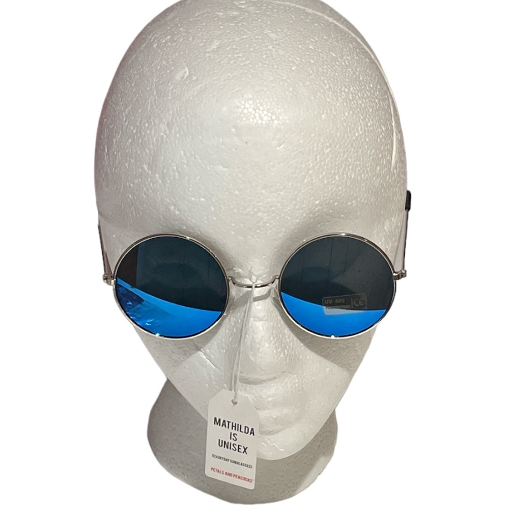 Petals and Peacocks Mathilda Round Sunglasses Blue Silver